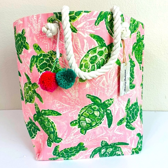 Tommy Bahama Pink Sea Turtle Large Reusable Beach Tote 17” x 14” x 9” - Picture 1 of 11